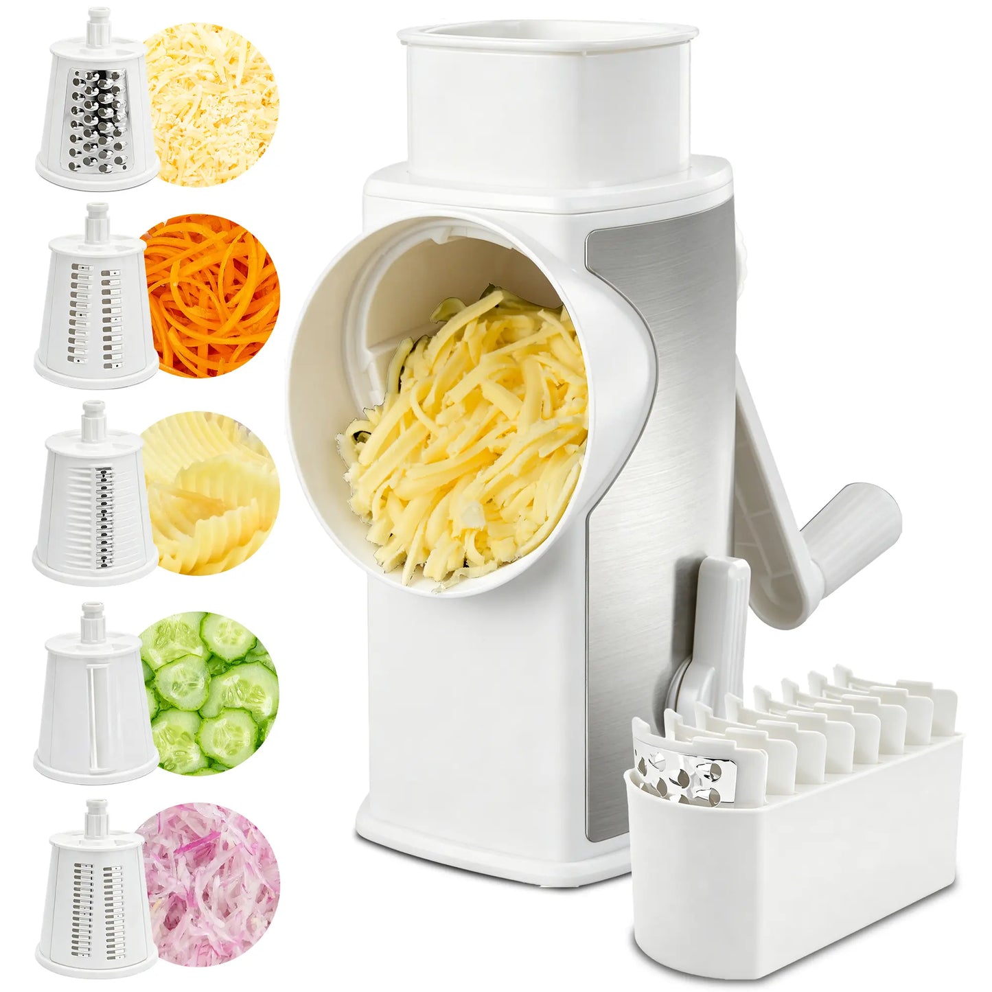 Rotary Cheese Grater with Handle – 5 Interchangeable Blades, Vegetable Slicer & Shredder with Strong Suction Base
