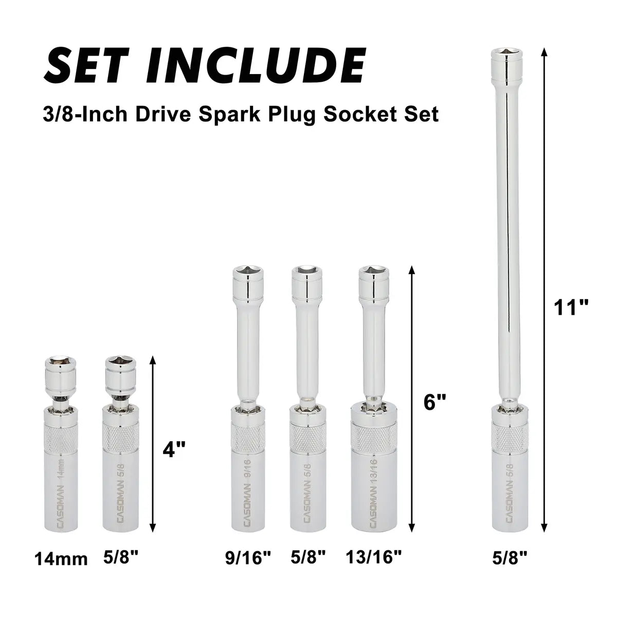 6PCS Magnetic Swivel Spark Plug Socket Set – 3/8" Drive, Thin Wall, 12-Point CR-V Steel