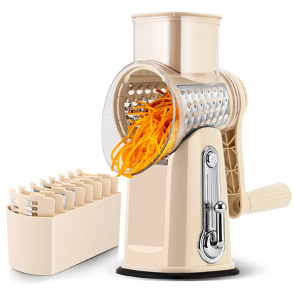 Rotary Cheese Grater with Handle – 5 Interchangeable Blades, Vegetable Slicer & Shredder with Strong Suction Base