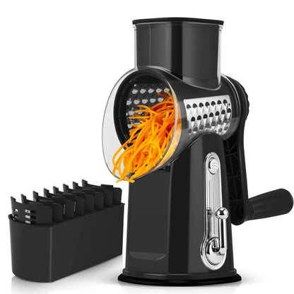 Rotary Cheese Grater with Handle – 5 Interchangeable Blades, Vegetable Slicer & Shredder with Strong Suction Base