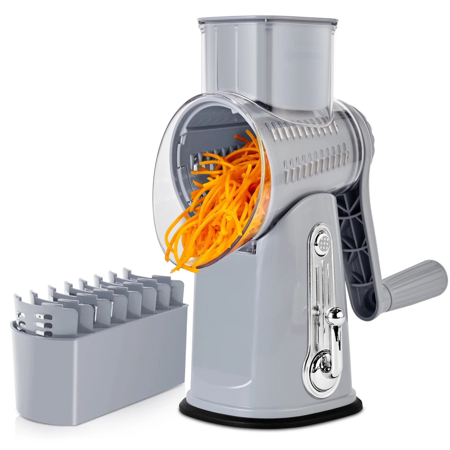 Rotary Cheese Grater with Handle – 5 Interchangeable Blades, Vegetable Slicer & Shredder with Strong Suction Base