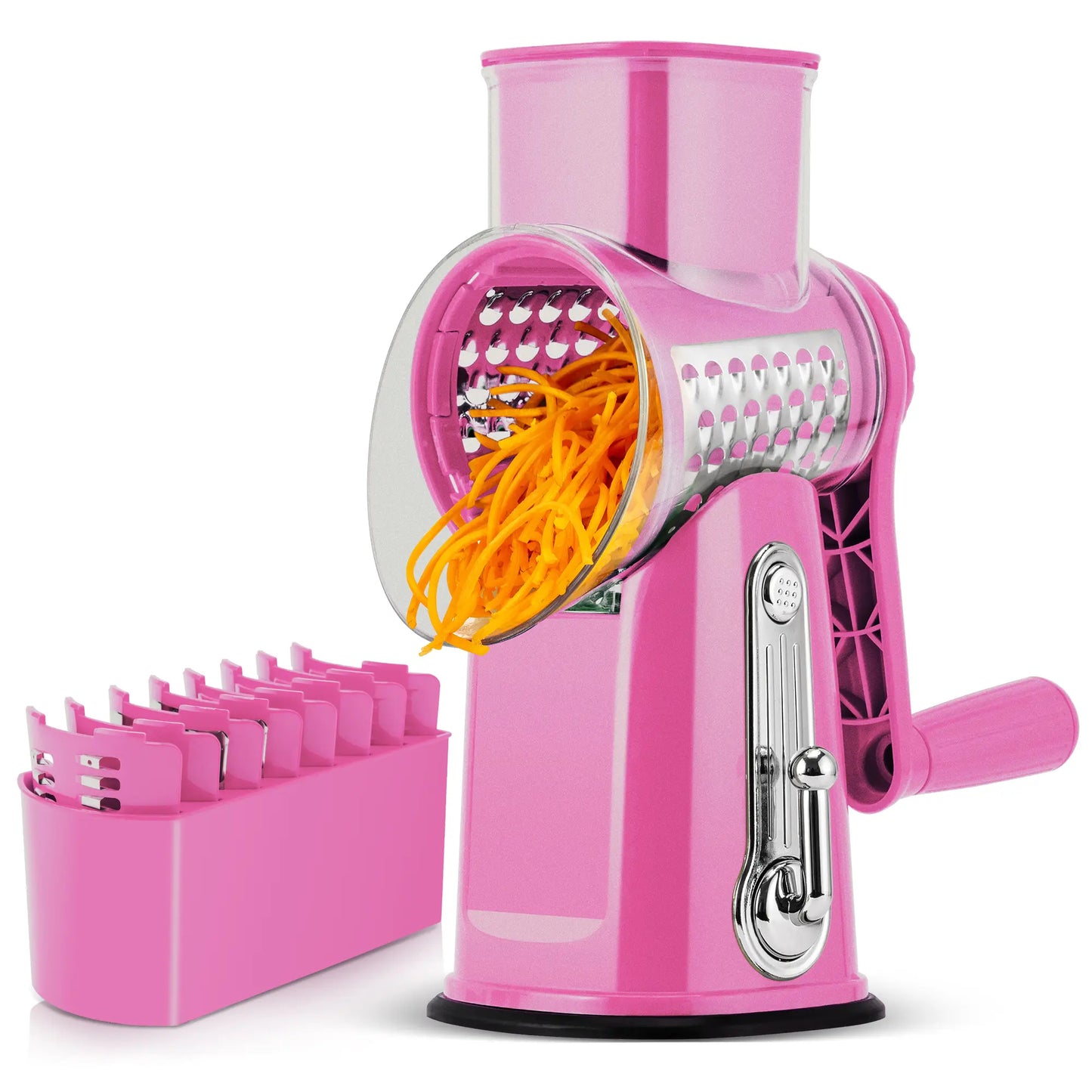 Rotary Cheese Grater with Handle – 5 Interchangeable Blades, Vegetable Slicer & Shredder with Strong Suction Base