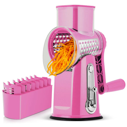 Rotary Cheese Grater with Handle – 5 Interchangeable Blades, Vegetable Slicer & Shredder with Strong Suction Base