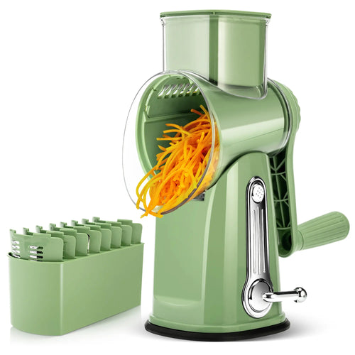 Rotary Cheese Grater with Handle – 5 Interchangeable Blades, Vegetable Slicer & Shredder with Strong Suction Base