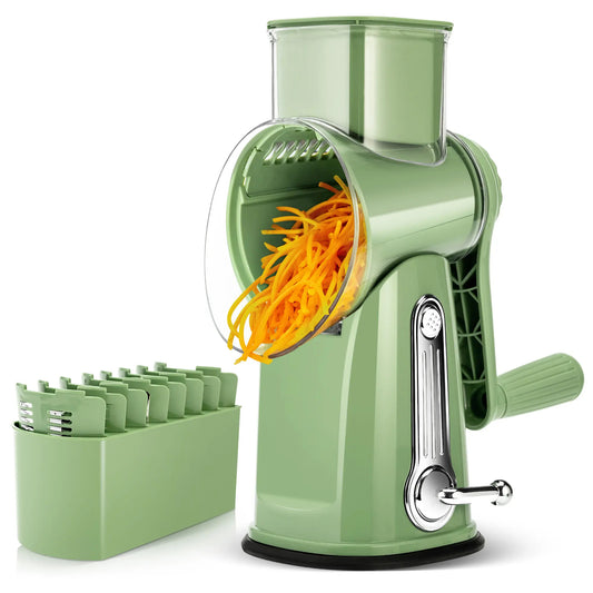 Rotary Cheese Grater with Handle – 5 Interchangeable Blades, Vegetable Slicer & Shredder with Strong Suction Base