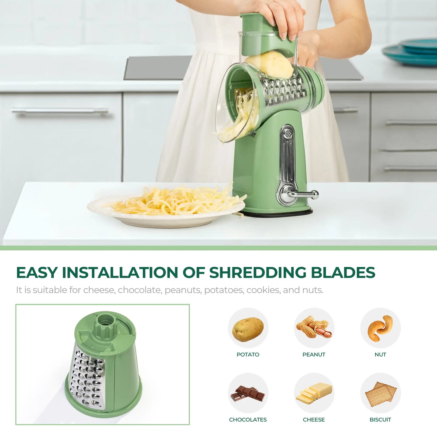 Rotary Cheese Grater with Handle – 5 Interchangeable Blades, Vegetable Slicer & Shredder with Strong Suction Base