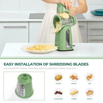 Rotary Cheese Grater with Handle – 5 Interchangeable Blades, Vegetable Slicer & Shredder with Strong Suction Base