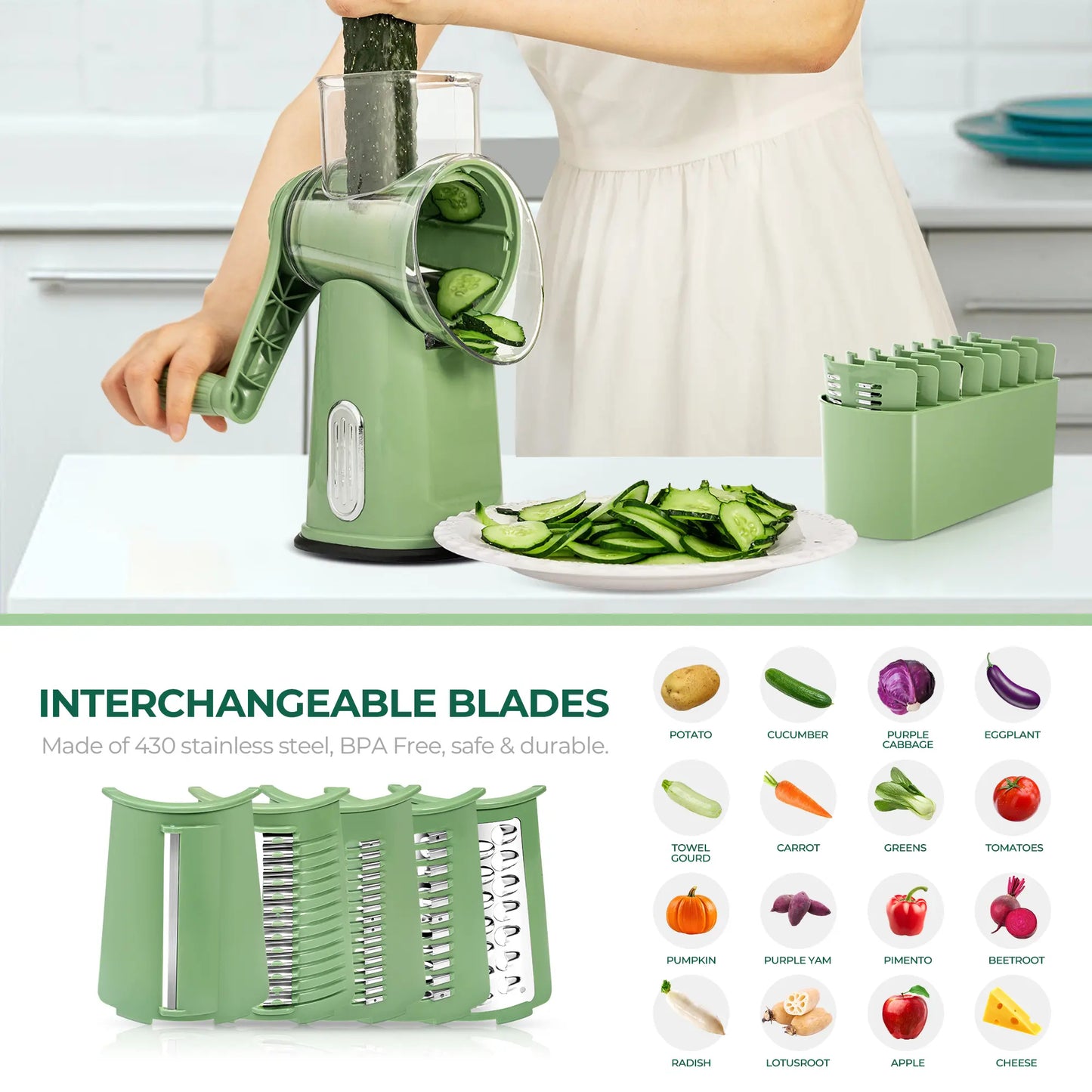 Rotary Cheese Grater with Handle – 5 Interchangeable Blades, Vegetable Slicer & Shredder with Strong Suction Base