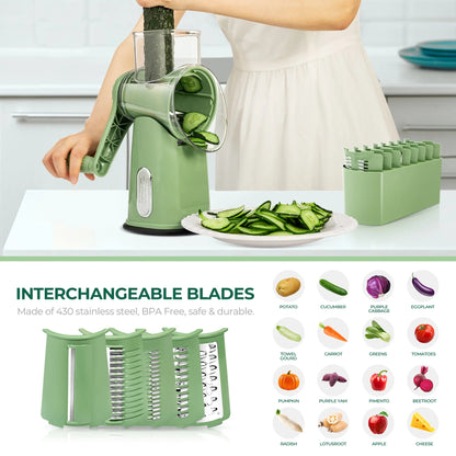 Rotary Cheese Grater with Handle – 5 Interchangeable Blades, Vegetable Slicer & Shredder with Strong Suction Base