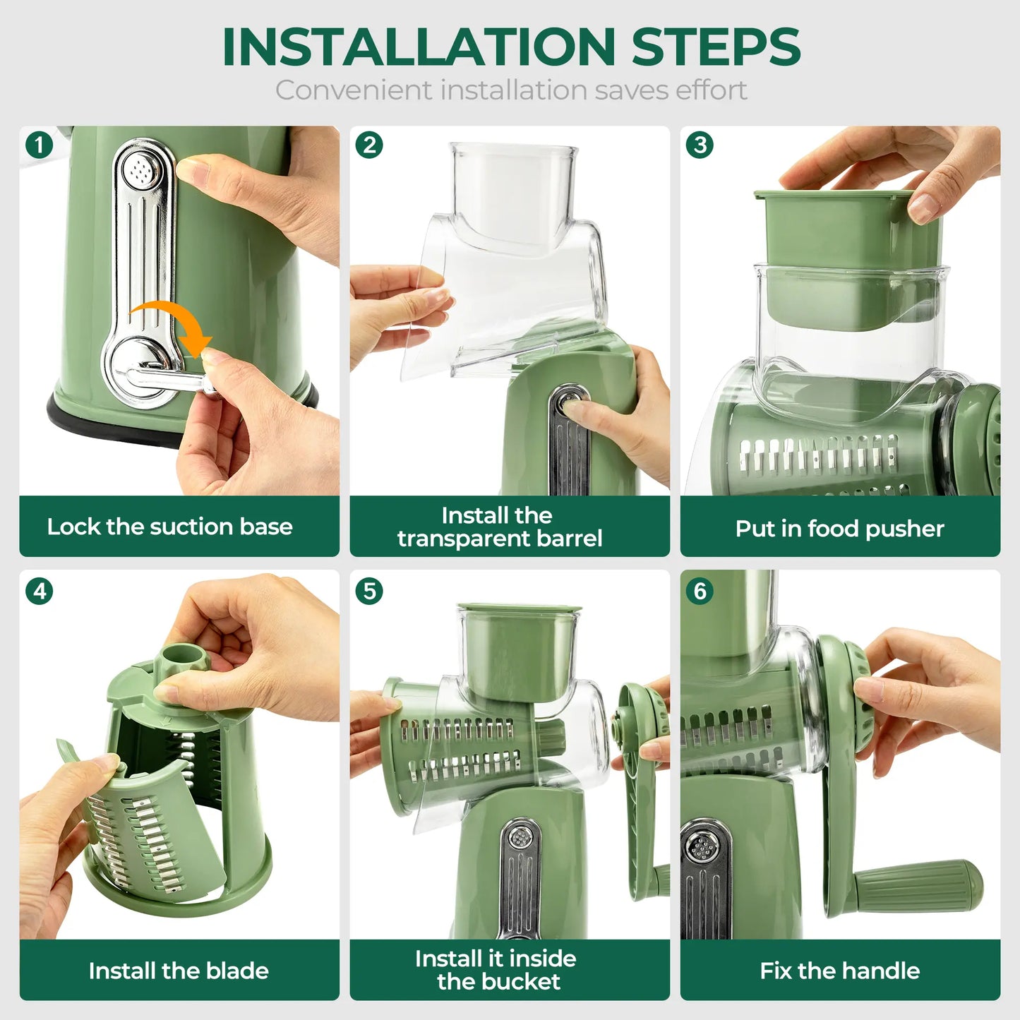 Rotary Cheese Grater with Handle – 5 Interchangeable Blades, Vegetable Slicer & Shredder with Strong Suction Base