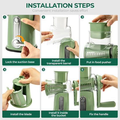 Rotary Cheese Grater with Handle – 5 Interchangeable Blades, Vegetable Slicer & Shredder with Strong Suction Base