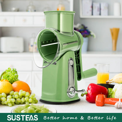 Rotary Cheese Grater with Handle – 5 Interchangeable Blades, Vegetable Slicer & Shredder with Strong Suction Base