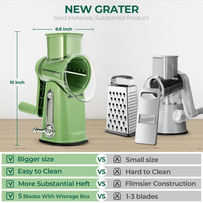 Rotary Cheese Grater with Handle – 5 Interchangeable Blades, Vegetable Slicer & Shredder with Strong Suction Base
