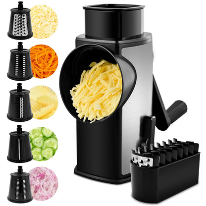Rotary Cheese Grater with Handle – 5 Interchangeable Blades, Vegetable Slicer & Shredder with Strong Suction Base