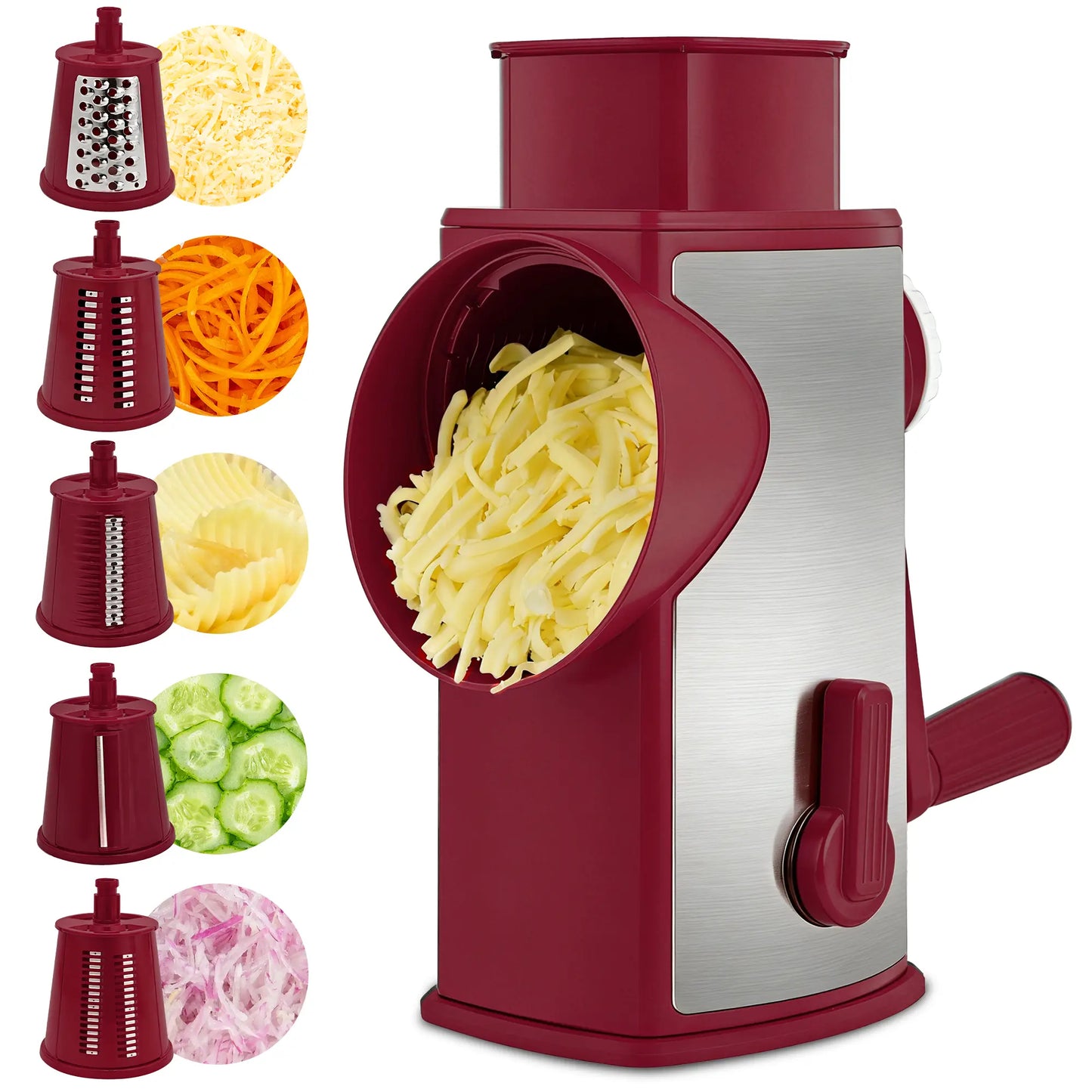 Rotary Cheese Grater with Handle – 5 Interchangeable Blades, Vegetable Slicer & Shredder with Strong Suction Base