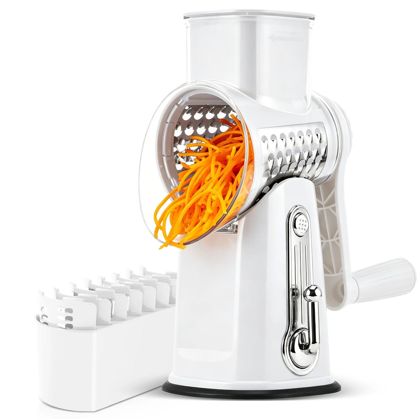 Rotary Cheese Grater with Handle – 5 Interchangeable Blades, Vegetable Slicer & Shredder with Strong Suction Base